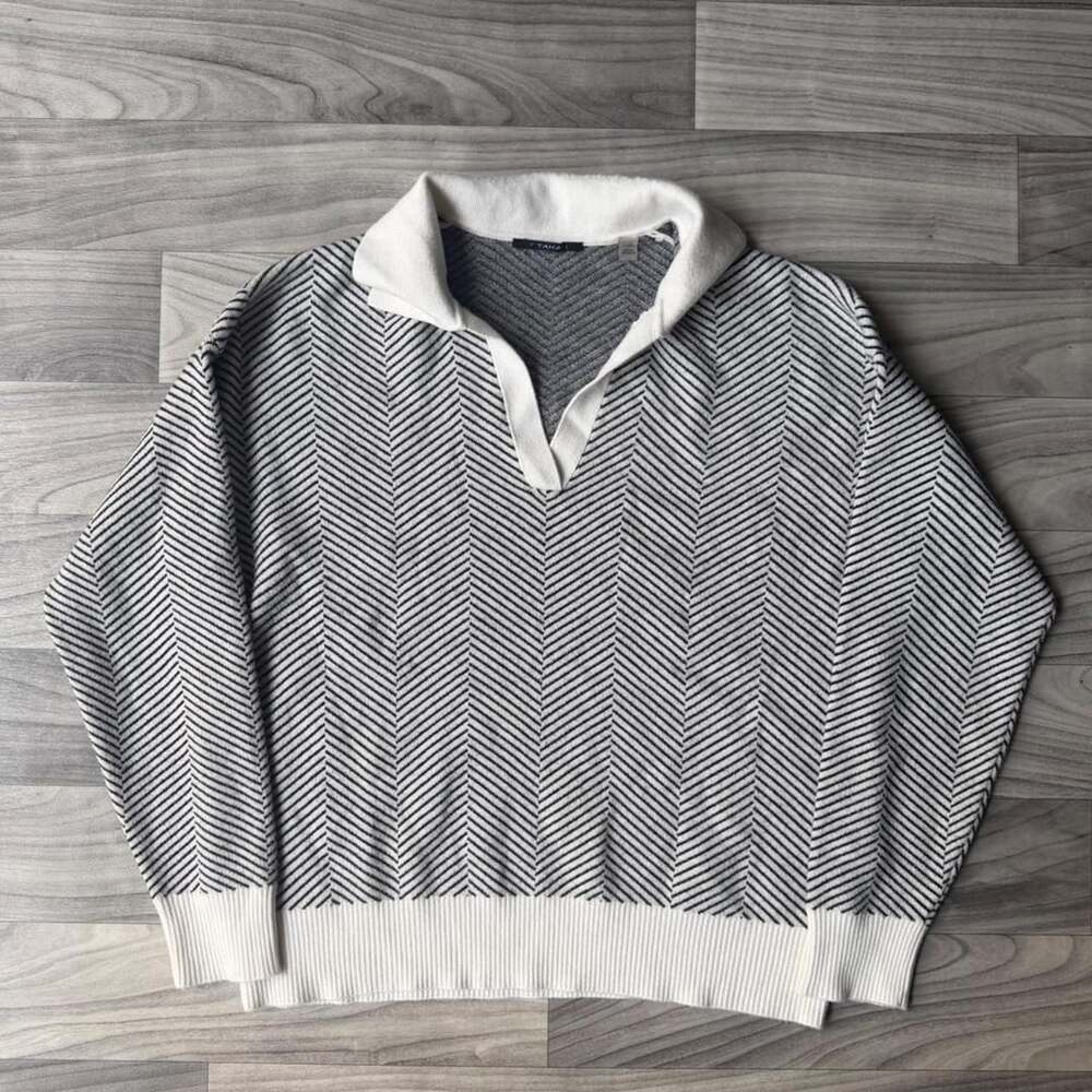 Tahari Black and White Chevron Knit Polo Sweater